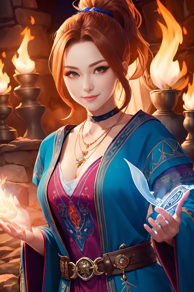 This is an image of a redheaded woman wearing a blue and purple outfit. She has a pendant around her neck and is holding a book in her hand. She is standing in front of a stone wall with flames on either side.