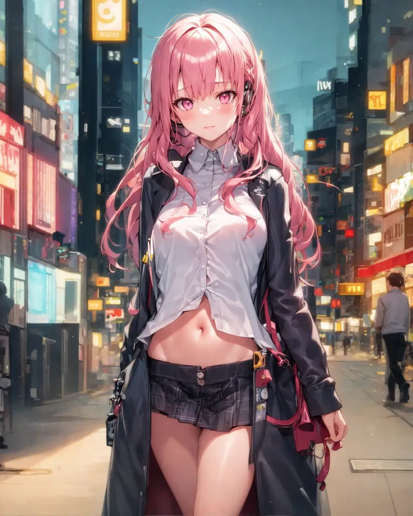 The image is an anime-style drawing of a young woman with pink hair and purple eyes. She is wearing a white button-down shirt, a gray pleated skirt, a black jacket, and a pair of black headphones. She is carrying a red handbag and there is a cityscape in the background.