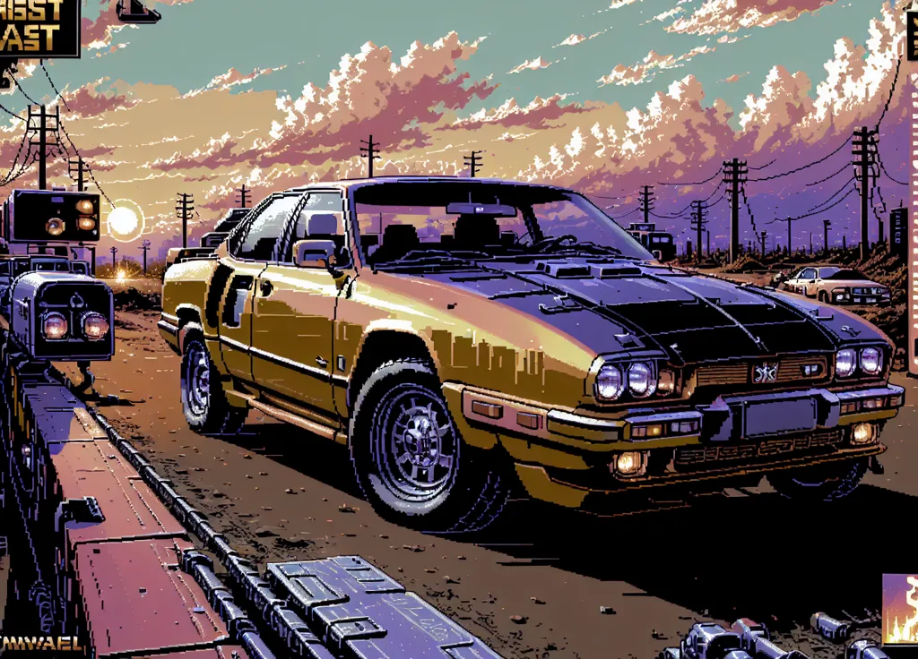 The image shows a pixelated car in the middle of a desert. The car is brown and black with a spoiler on the back and a large bumper on the front. There are mountains in the background and a setting sun. There are also some electrical towers in the background.