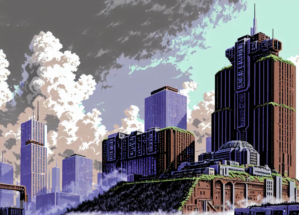 The image is a pixelated cityscape. The sky is cloudy and there are a number of tall buildings in the background. The buildings are mostly blue and gray. In the foreground, there is a large, brown building with a green roof. There are some trees and bushes around the building.