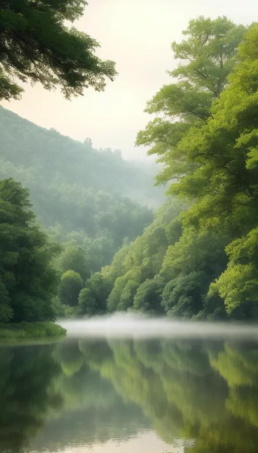 この画像は、渓谷を流れる美しい川の景色です。川は広く静かで、渓谷は緑豊かな森に覆われています。木々は高く真っ直ぐで、葉の色は濃い緑です。空は淡い青色で、太陽が明るく輝いています。川から白い霧が立ち上っており、その様子が情景をさらに美しく見せています。この画像は非常に穏やかで静謐な雰囲気を醸し出しており、自然の美しさを捉えています。