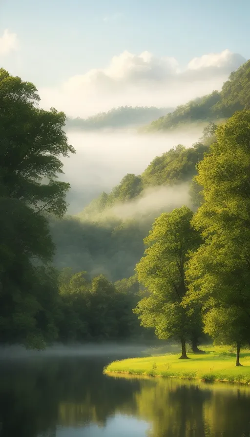 この画像は、渓谷を流れる美しい川の景色です。川は手前に位置し、左側には小さな草原の川岸があり、右側には急峻な森林の斜面が広がっています。渓谷は緑豊かな丘に囲まれ、霧に包まれています。空は淡い青色で、いくつかの白い雲が浮かんでいます。全体として、この画像は平和で静謐な雰囲気を醸し出しています。