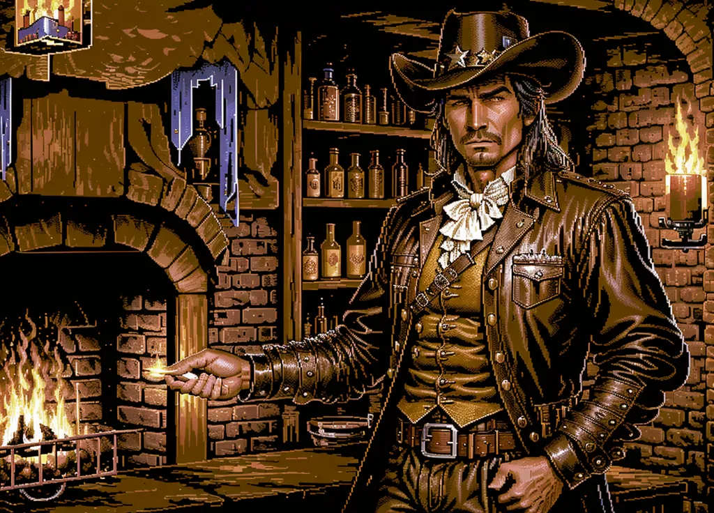 The image is a pixelated picture of a man standing in a room. The man is wearing a brown leather vest, a white shirt, and a brown cowboy hat. He has a gun belt on and a holster on his right hip. He is holding a match in his right hand and there is a fireplace behind him. There are shelves on the wall behind him with bottles and jars on them.