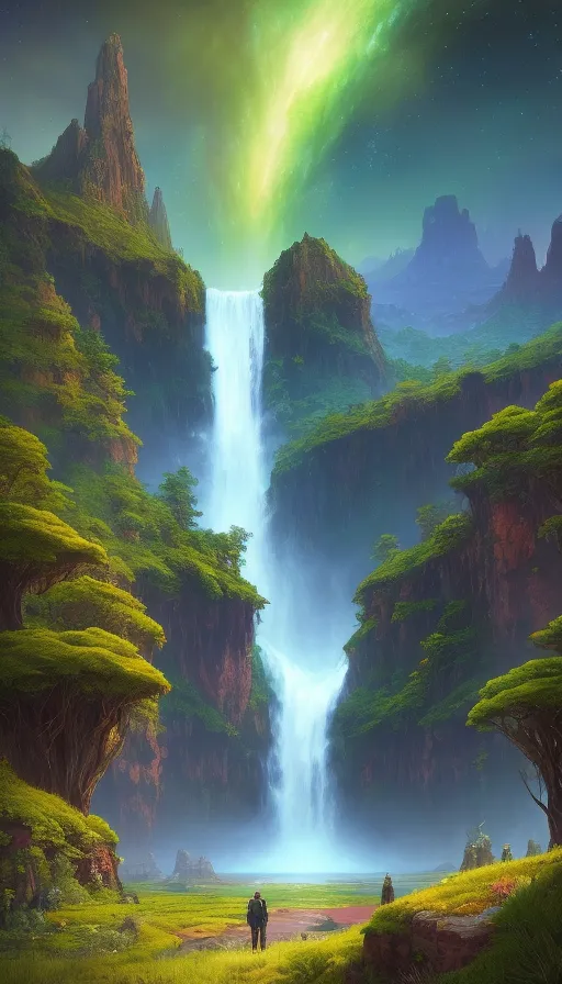 La imagen es un hermoso paisaje de una cascada en un valle. La cascada está rodeada de frondosos árboles verdes y acantilados. Hay una brillante aurora verde en el cielo. Hay dos pequeñas figuras de pie en el primer plano de la imagen, mirando la cascada.