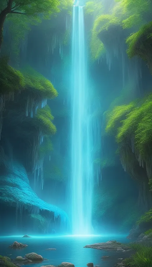 La imagen es una hermosa cascada en un frondoso bosque verde. La cascada está rodeada de altos árboles y plantas verdes. El agua es cristalina y azul-verde. La cascada se encuentra en una cueva, y la luz del exterior está brillando, creando un hermoso arcoíris.