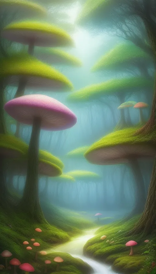 The image is a tall, narrow painting of a forest with pink mushrooms. The mushrooms have light green mossy tops and dark brown stems. They are arranged in a circle around a small stream that runs through the middle of the painting. The background is a light blue sky with white clouds. The painting has a dreamlike quality, and it is easy to imagine that the mushrooms are magical.