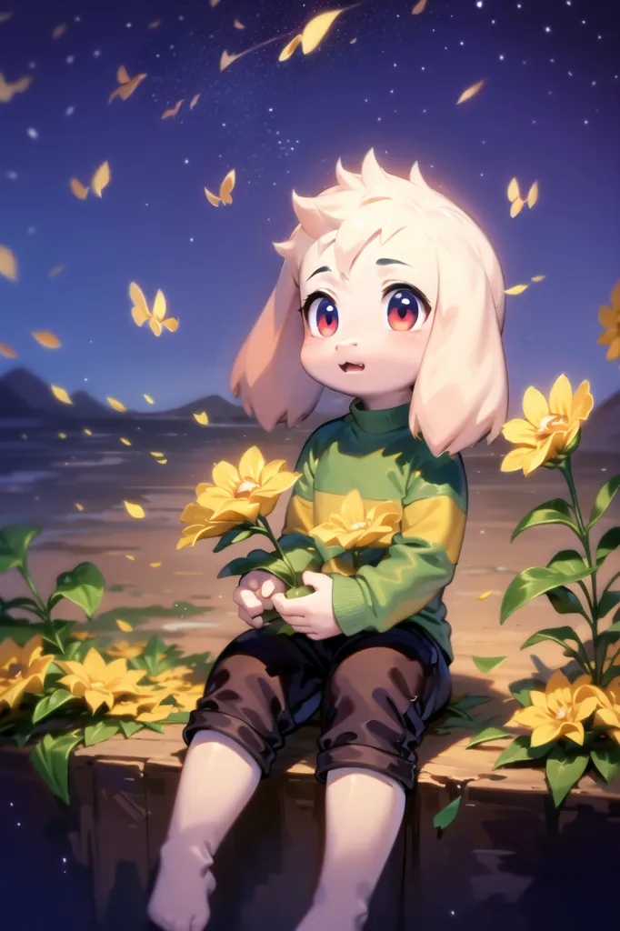 The image is of a small, white creature with rabbit-like ears and red eyes. It is wearing a green sweater and brown pants. The creature is sitting on a wooden dock, surrounded by yellow flowers. There is a mountain range in the distance and a starry sky above. The creature is holding a yellow flower in its hands. It has a peaceful expression on its face.