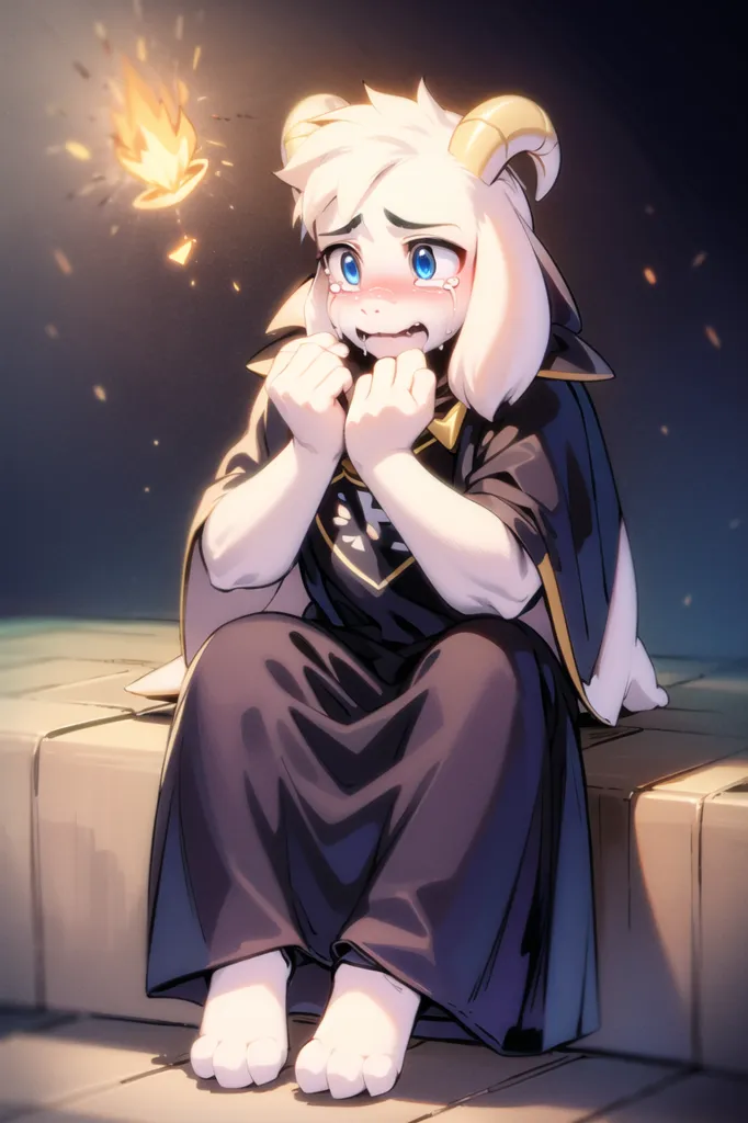 This image is of a character named Asriel from the indie video game Undertale. Asriel is a young, white-furred goat-like creature with large, fluffy ears and a long tail. He is wearing a black robe with a white collar and a gold cross on the front. He is sitting on a stone ledge with his knees drawn up to his chest and his hands clasped together in front of his face. He is crying, and there is a small flame floating in the air in front of him. The background is dark, with a few small, glowing lights in the distance.