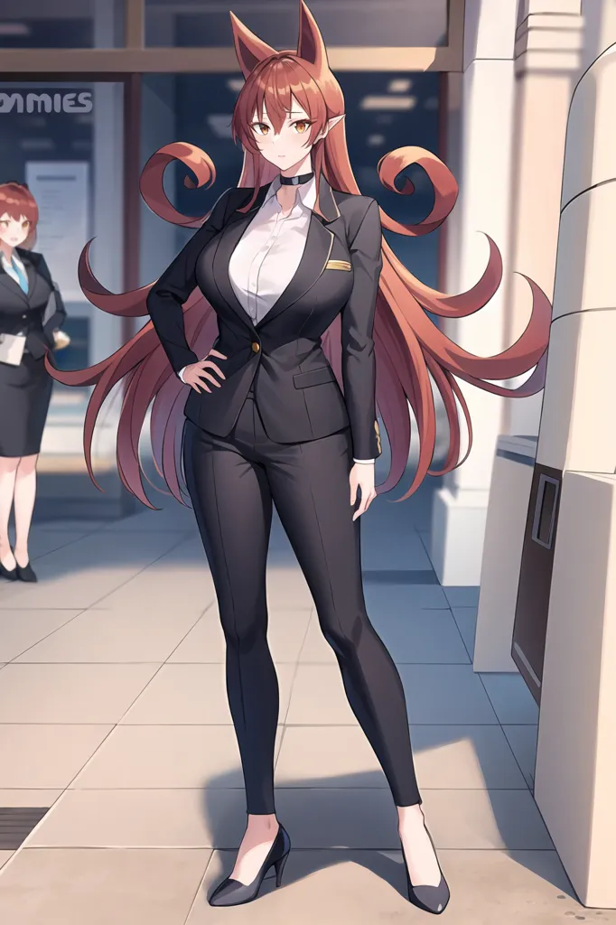 The image is of a beautiful young woman with long, flowing red hair and fox ears. She is wearing a black suit and high heels. She has a confident expression on her face and is standing with one hand on her hip. In the background, there is a glass door and a woman in a suit walking.