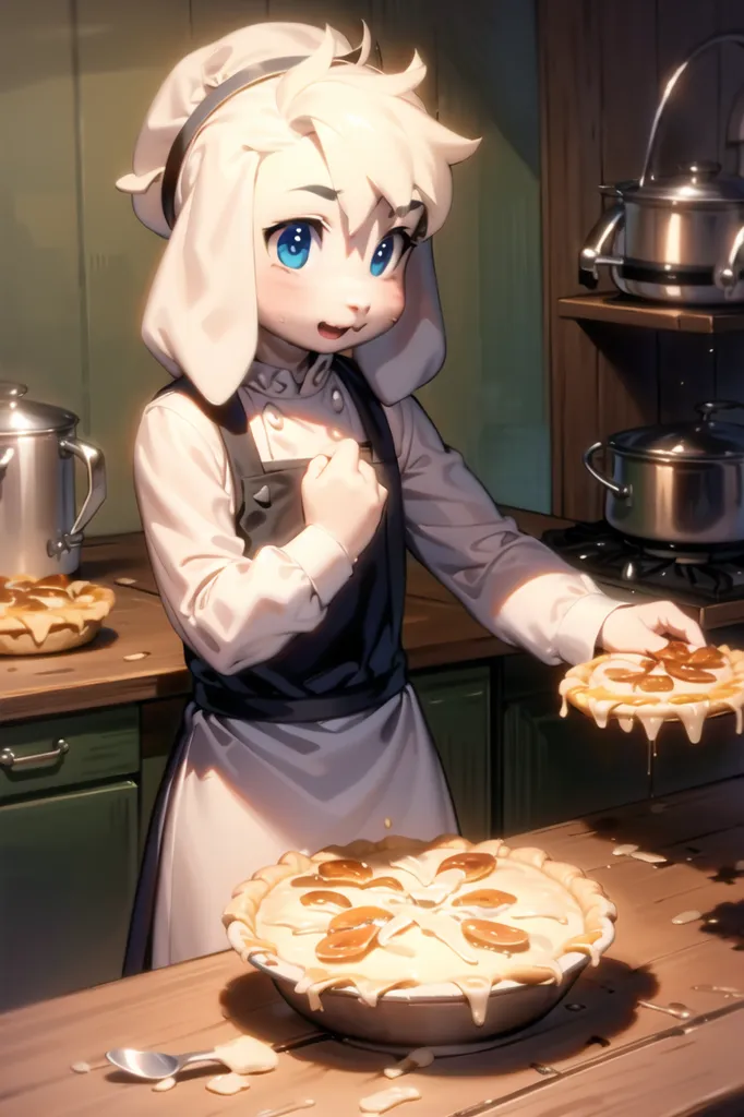 The image is of a young girl with white hair and blue eyes. She is wearing a white chef's hat and a white apron over a black dress. She is standing in a kitchen, and there is a pie on the table in front of her. The girl is smiling and holding a pie. There are also pies on the shelf and counter behind her.