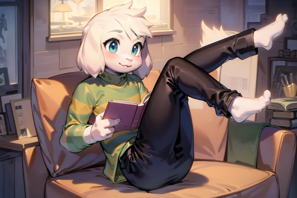 The image is of a white goat-like creature sitting on a couch. The creature is wearing a green and yellow striped shirt and black pants. It is sitting with its legs crossed and is reading a book. The creature has blue eyes and a pink nose. The background of the image is a living room with a coffee table, lamp, and television.