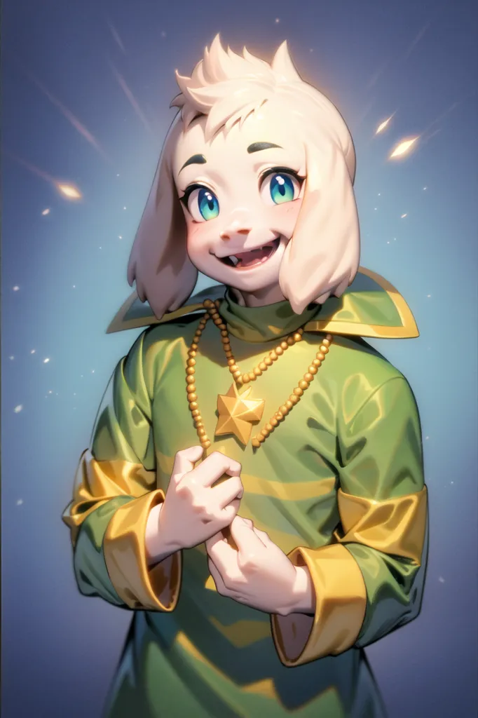 The image is of a small, furry creature with large, blue eyes and a wide smile. It is wearing a green shirt with a yellow collar and has a star-shaped pendant around its neck. It is standing in front of a blue background with a few sparkles of light. The creature is likely a character from the Undertale video game series, and is likely Asriel Dreemurr, the son of Asgore Dreemurr and Toriel, and the adoptive brother of Frisk.