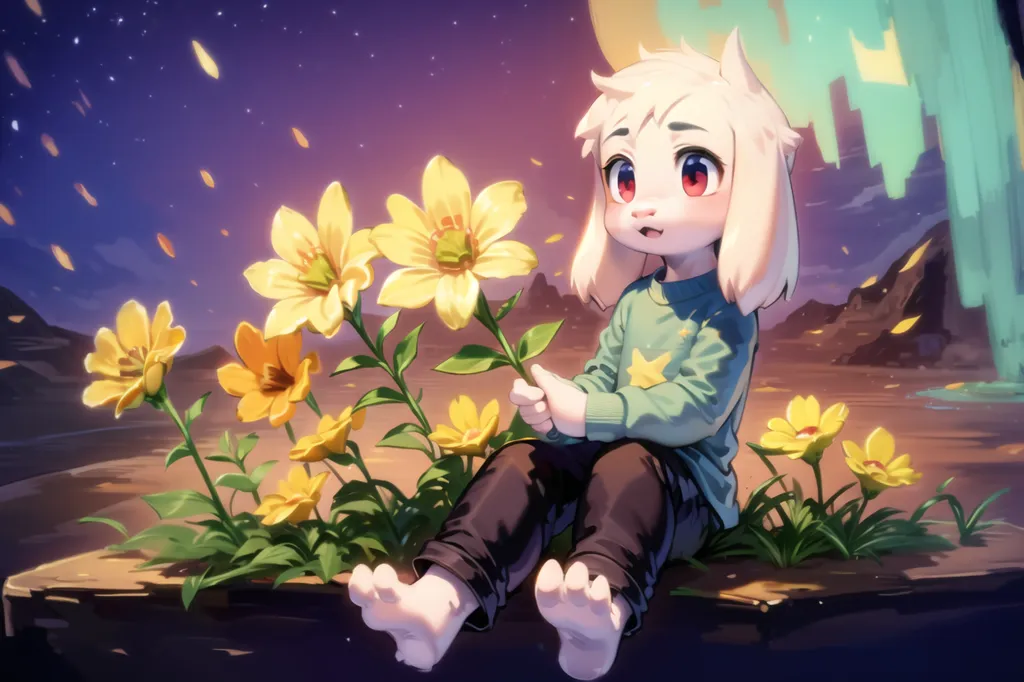 This image shows a small, white creature with rabbit-like ears and red eyes. It is wearing a green sweater with a yellow star on it and black pants. The creature is sitting on a rock in a field of yellow flowers. There is a large moon in the background and a river flowing in the distance. The creature is looking at the flowers with a smile on its face.