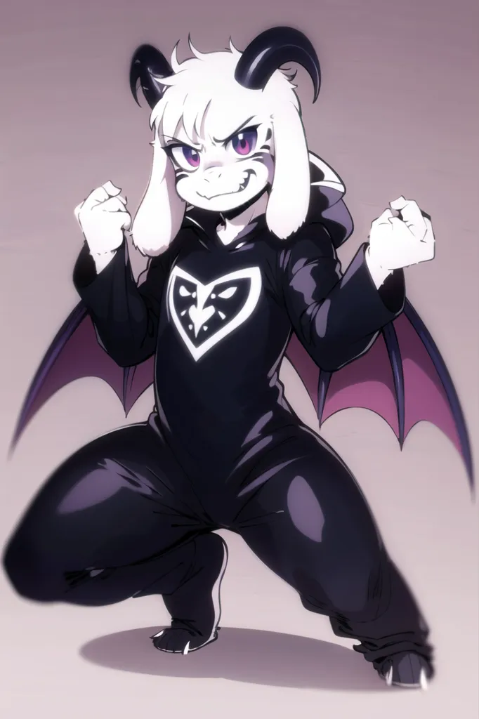 The image is of a small, white creature with black horns and purple eyes. It is wearing a black hoodie with a white heart on the front and black pants. It has a determined expression on its face and is crouched in a fighting stance. Its wings are spread out behind it.