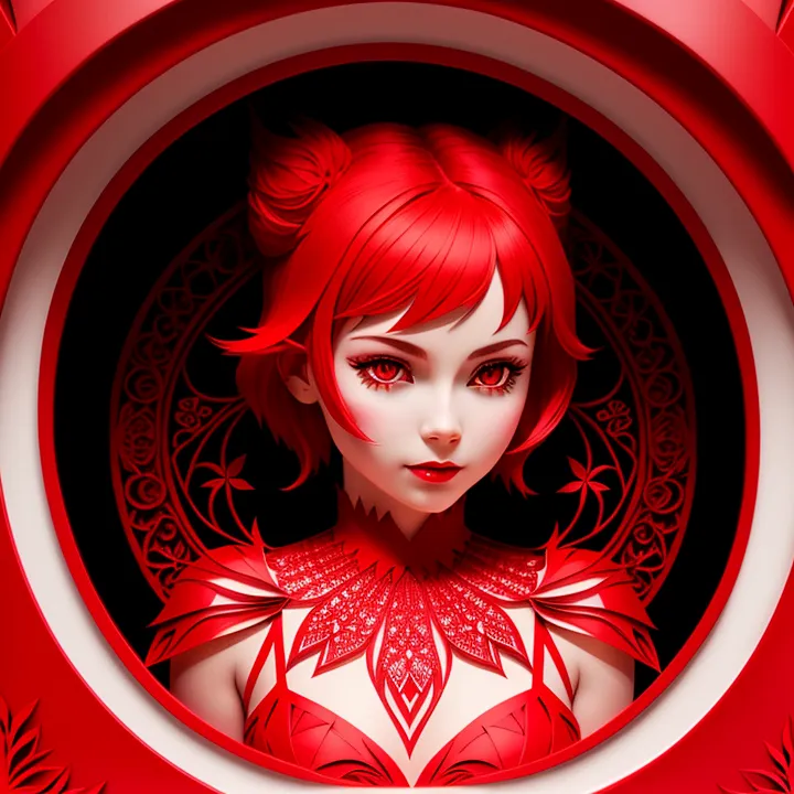 This is an image of a woman with red hair and red eyes. She is wearing a red dress with a white collar. The background is also red. The image is in a circle frame.