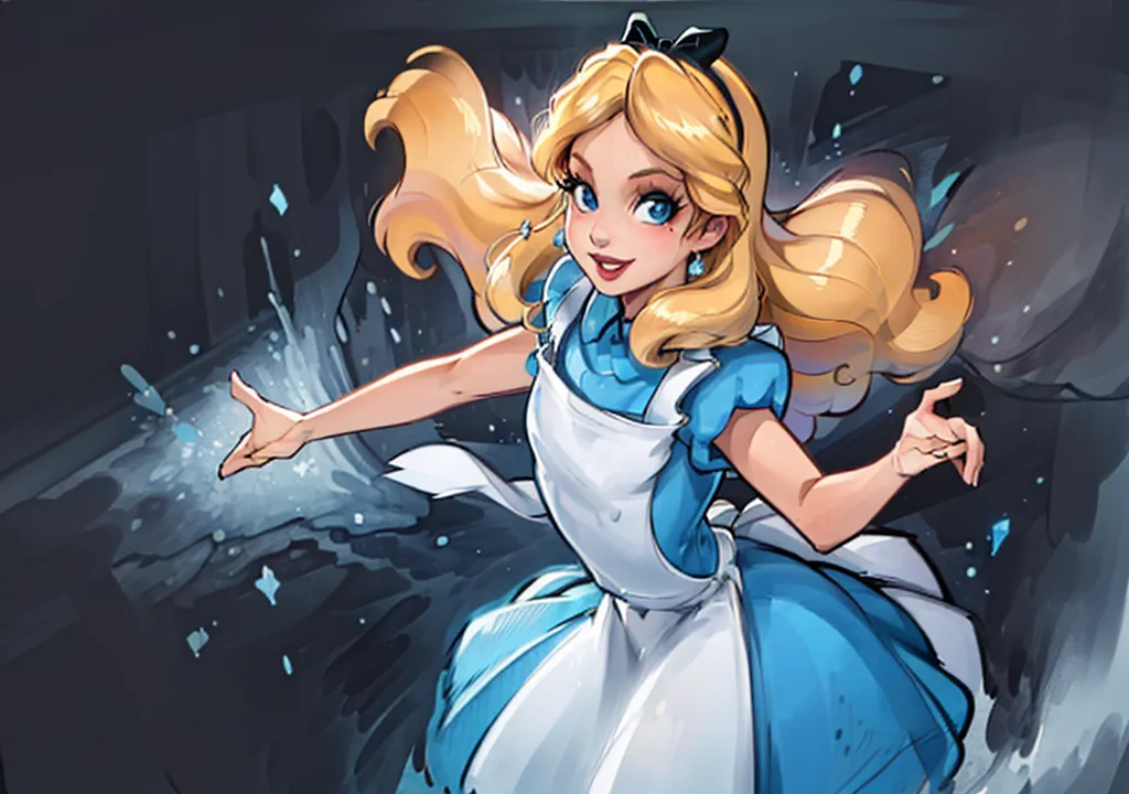 The picture shows a girl with long blond hair. She is wearing a blue dress with a white apron. She has a big smile on her face and her eyes are wide open. She is standing in a dark place, but there is a bright light shining on her. She looks like she is having a lot of fun.