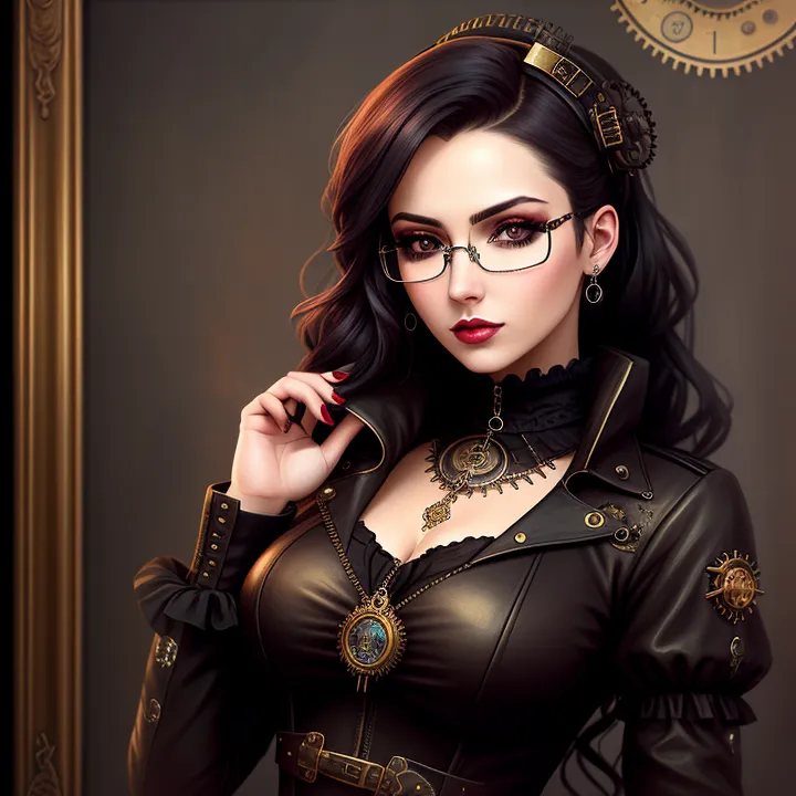 A imagem é de uma bela mulher jovem com cabelos longos e escuros. Ela está usando um traje estilo steampunk, incluindo uma jaqueta de couro, um corpete e um par de óculos de proteção. Ela também está usando vários acessórios steampunk, incluindo um colar em forma de engrenagem e um par de brincos. A mulher está em pé em frente a um fundo escuro e olha para o observador com uma expressão séria.