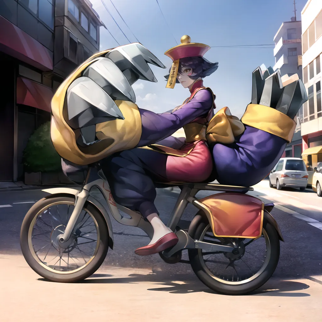 The image is of a woman riding a motorcycle. The woman is wearing a purple and red outfit with a yellow hat. She has purple hair. The motorcycle is yellow and black with a large claw on the front. The woman is riding in the middle of a street with buildings on either side.