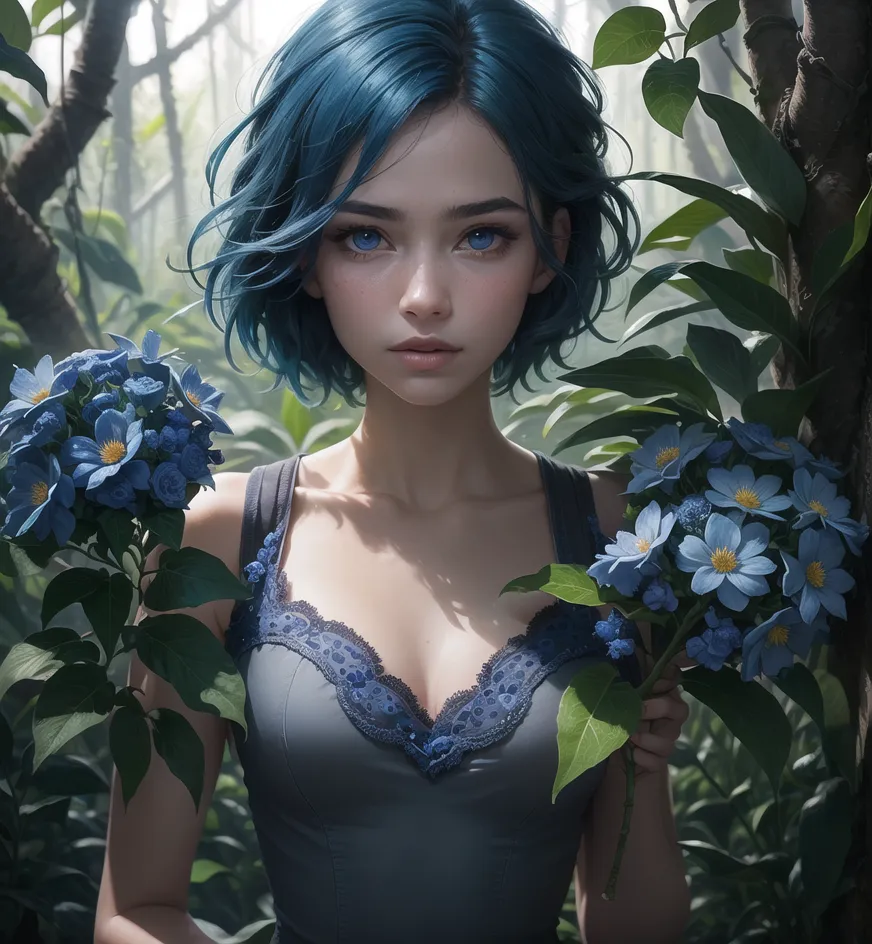 This image shows a beautiful woman with short blue hair. She is wearing a blue dress with a white camisole. She is standing in a darkened forest, holding blue flowers. The background is blurry, but it looks like there are trees and leaves behind her. The woman's eyes are blue, and her skin is fair. She is looking at the camera with a serious expression.