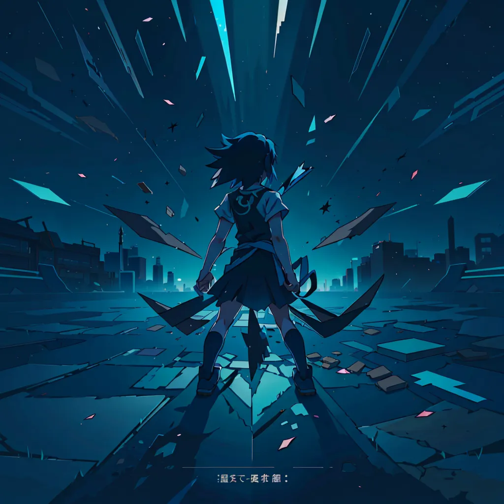 The image is of a girl standing in a ruined city. She is wearing a white shirt, a black skirt, and a blue jacket. She has brown hair and blue eyes. She is holding a sword in her right hand. The city is in ruins, with buildings destroyed and debris everywhere. The sky is dark and there are no stars. The girl is looking at the ruins of the city.