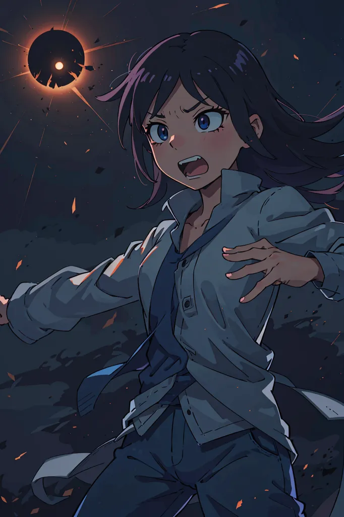 This is an illustration of a young girl in a white lab coat running away from a large, dark explosion. The girl has long purple hair and blue eyes. She is wearing a white lab coat and blue pants. The explosion is behind her and is surrounded by a dark background. The girl is running towards the viewer with a look of fear on her face.