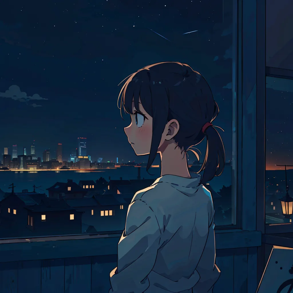 この画像は夜の景色を描いています。ポニーテールの茶髪の女の子が窓の外を見つめています。彼女は白いシャツを着ています。夜空は暗く、多くの星が輝いています。遠くに街並みがあり、建物の明かりが水に反射しています。女の子は夜空を見つめ、深く考え込んでいます。彼女は自分の人生や未来について考えています。彼女は未来に何が待っているのか、その可能性に興奮しているのです。