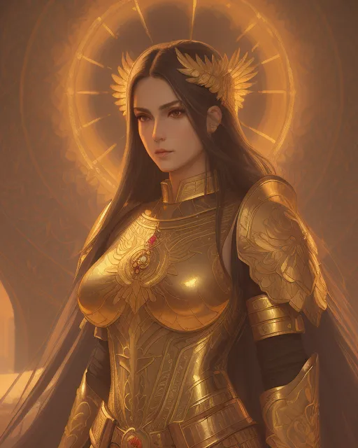 This image shows a woman wearing golden armor with her long dark hair flowing down her shoulders. She is wearing a golden headpiece with leaves adorning it. The background is a sun-like halo in varying shades of yellow and orange.