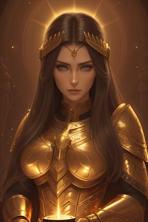 The image shows a beautiful woman with long brown hair and blue eyes. She is wearing a golden armor and a golden crown. She is also holding a candle. The background is a bright light.