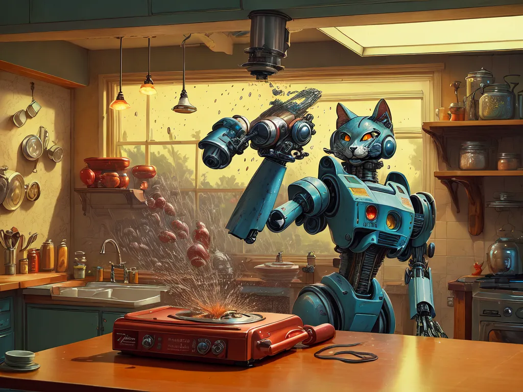 The image depicts a retro futuristic kitchen with a robot cat cooking. The robot cat is wearing a white apron and has a determined expression on its face. It is standing in front of a stove, and there is a pan on the stove with some food in it. The robot cat is holding a spatula in one hand and a fork in the other hand, and it is in the process of flipping the food in the pan. There is a plate on the counter next to the stove, and there is a glass of water on the plate. The kitchen is decorated with various retro appliances and gadgets, and there is a window in the background that looks out onto a cityscape.