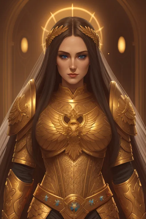 The image shows a woman in golden armor. She has long brown hair and blue eyes. She is wearing a helmet with a wreath of leaves on her head. The armor has an eagle design in the middle of the chest plate. She is also wearing a white cape. The background is a dark room with a golden glow around her.