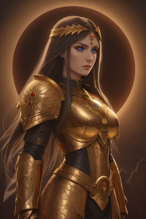 This image shows a woman with long brown hair and blue eyes. She is wearing a golden armor and a golden crown. The background is a dark orange color with a large white circle in the middle. The woman is standing in front of the circle and she is looking at the viewer with a serious expression.