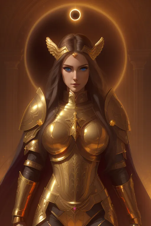 This is an image of a woman wearing golden armor. She has long brown hair and blue eyes. There is a glowing yellow circle with a black dot in the center behind her head. She is wearing a golden breastplate with a red gem in the center. She has a golden cape and there are golden wings on her helmet. She is also wearing golden gauntlets and boots.