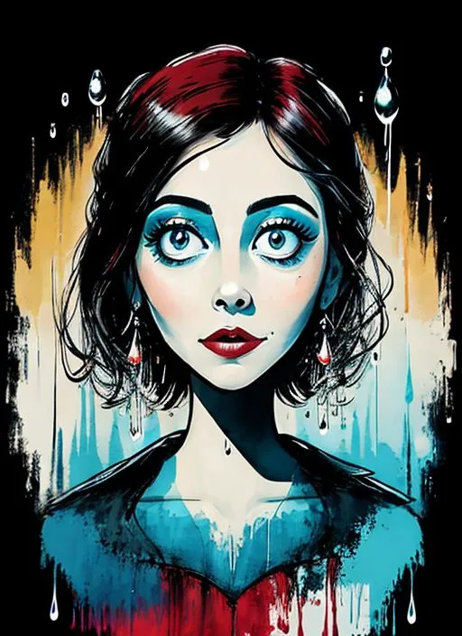 This is a picture of a woman with exaggerated facial features. She has very large blue eyes, red lips, and a small nose. Her hair is dark brown and cut in a bob. She is wearing a blue shirt and a red jacket. The background is black with yellow and blue streaks. The image is painted in a cartoon style.