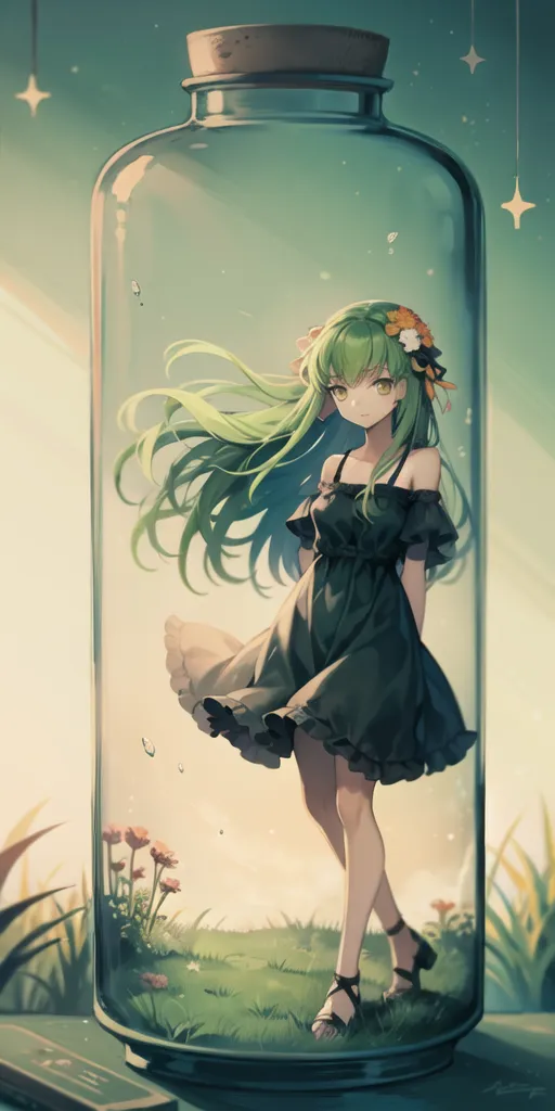 The image is a digital painting of a girl in a glass bottle. The girl is standing on a small patch of grass inside the bottle. She is wearing a black dress with a white collar. The girl has long green hair and green eyes. She is looking at the viewer with a sad expression on her face. There are flowers growing around the girl. The bottle is sitting on a wooden table. The background is a green gradient.