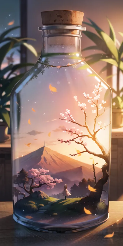 The image is a beautiful landscape inside a glass bottle. The bottle is placed on a wooden table. Inside the bottle, there is a mountain, a tree, a girl, and some plants. The mountain is in the background and it is covered with snow. The tree is in the middle of the bottle and it has pink blossoms. The girl is standing on the right side of the bottle and she is wearing a white dress. The plants are in the foreground and they are green. The bottle is filled with water.