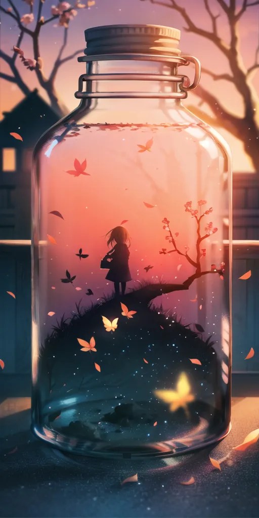 The image is a digital painting of a girl standing in a jar. The jar is filled with a pink liquid. The girl is standing on a small hill. There is a tree on the hill. The tree is pink. The girl is wearing a white dress. The girl is looking at a butterfly. The butterfly is pink. There are other butterflies in the jar. The butterflies are all different colors. The jar is sitting on a wooden fence. There is a house in the background. The house is white. The image is set at sunset. The sky is orange and pink.