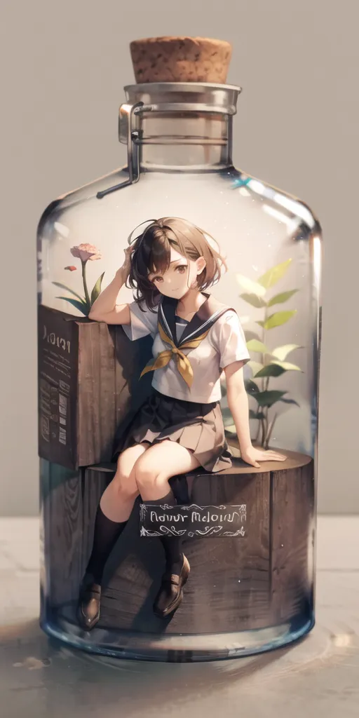 The image is a digital painting of a young girl in a school uniform. She is sitting on a wooden box in a glass bottle. The girl is wearing a white shirt, a black skirt, and a yellow tie. She has brown hair and brown eyes. She is looking at the viewer with a sad expression on her face. There are some plants in the bottle with her. The painting is done in a realistic style and the colors are muted. The background is a light gray color.