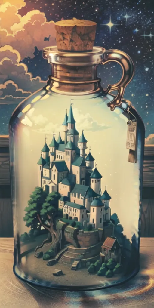 The image is a digital painting of a glass bottle containing a miniature castle. The bottle is sitting on a wooden table. The castle is made of white stone and has blue-green turrets. The castle is surrounded by a forest of green trees. The sky is dark blue and there are stars and clouds in the sky. The image is very detailed and realistic.