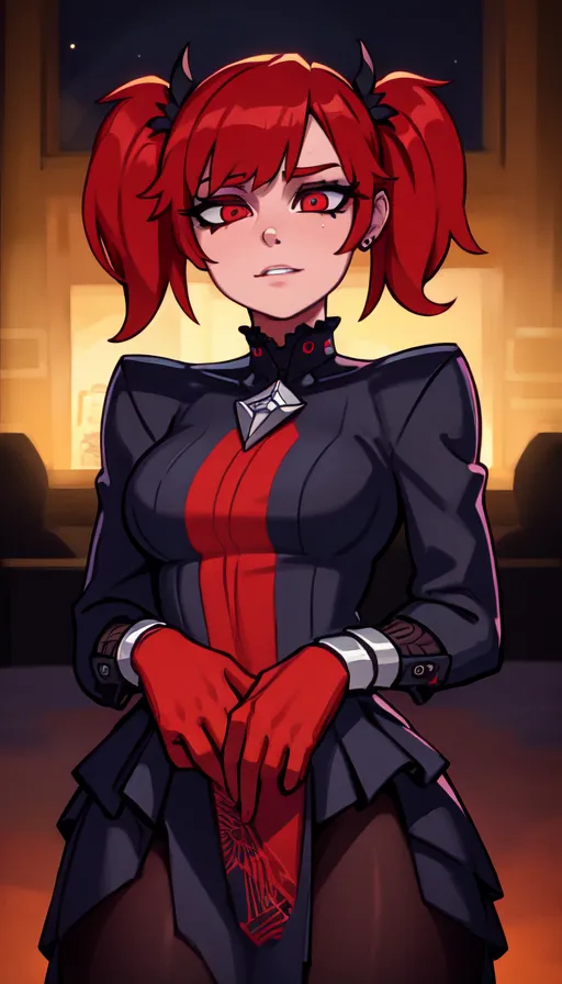 This is an image of a woman with red hair and red eyes. She is wearing a black and red dress with a white collar. She is also wearing red gloves. She is standing in front of a dark background with a light source on the left side of the image.