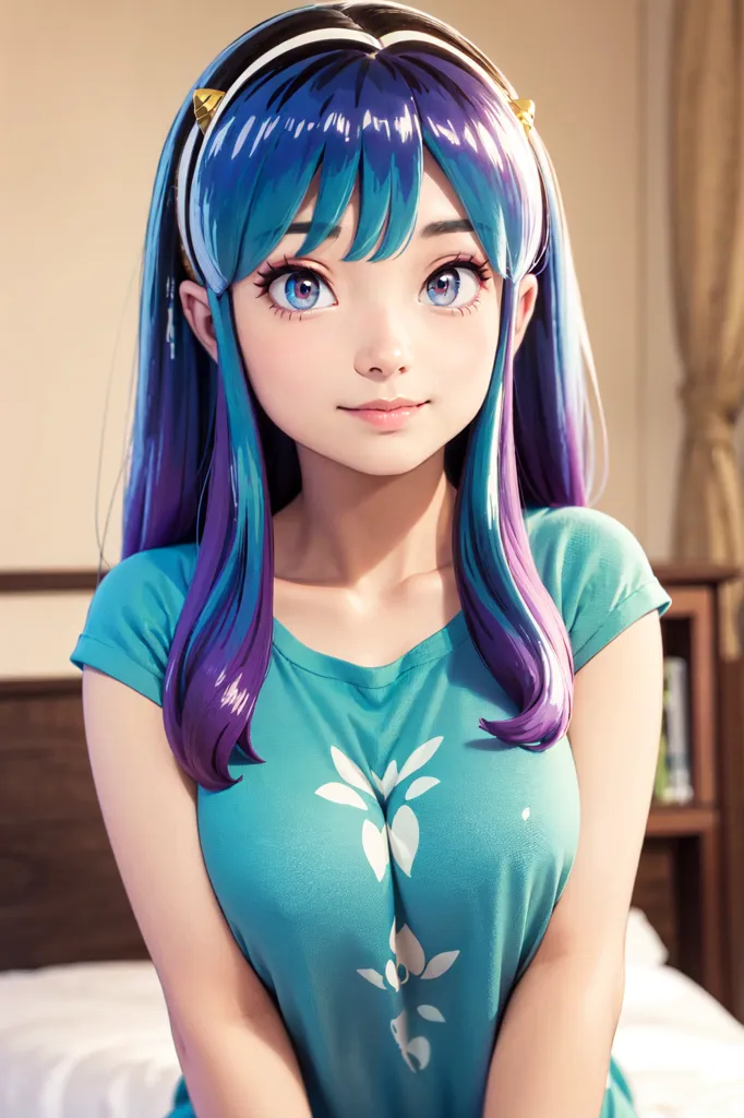 The image is a digital painting of a young woman with blue and purple hair. She is wearing a blue shirt and has a gentle smile on her face. The background is a blurred bedroom with a bed and a bookshelf.