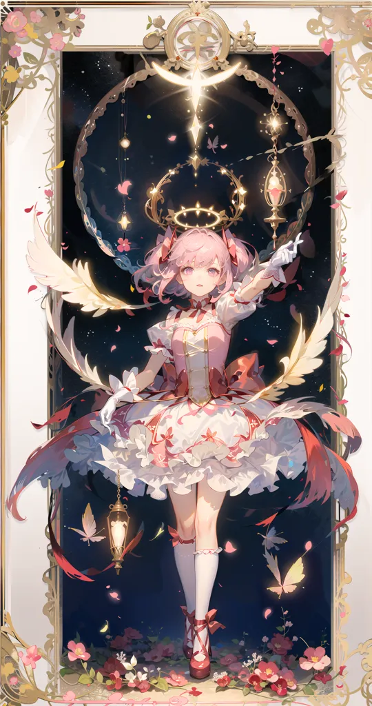 The image is of a magical girl with pink hair and blue eyes. She is wearing a white and pink dress with a large pink bow on her chest. She also has a pair of white wings and a golden crown on her head. She is standing in front of a large mirror with a pink frame. There are also several pink flowers and butterflies surrounding her.