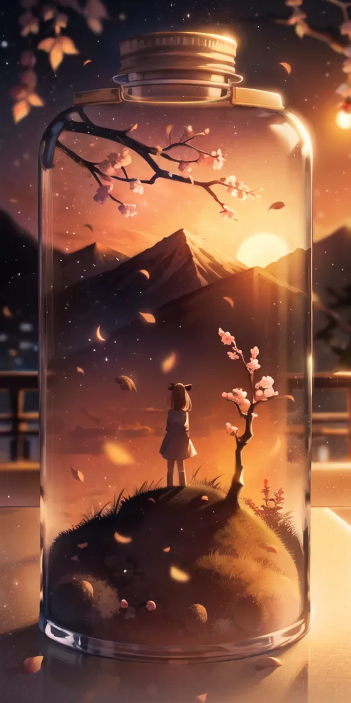 The image is a digital painting of a girl standing in a glass jar. The jar is filled with a miniature landscape, including a mountain, a tree, and a small patch of grass. The girl is wearing a white dress and has her hair tied up in a ponytail. She is looking out at the sunset. The sky is a gradient of orange and pink, and the sun is just setting behind the mountain. The painting is done in a realistic style, and the details are exquisite. The lighting is soft and diffused, and the colors are vibrant. The overall effect is one of beauty and tranquility.