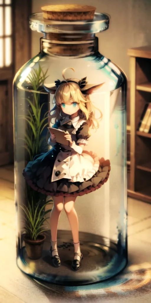 The image shows a glass jar with a cork lid. Inside the jar is a small girl with cat ears and a tail. She is wearing a black and white maid outfit and is reading a book. There is a small plant in the jar with her. The jar is sitting on a wooden table.