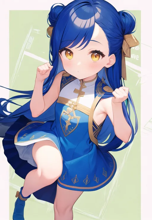 The image is of a young girl with blue hair and yellow eyes. She is wearing a blue and gold dress with a white collar. The dress has a pleated skirt and a white sash tied around the waist. She is also wearing white boots. The girl is standing in a determined pose, with her fists clenched and her eyes narrowed. She has a confident smile on her face. The background is a pale green color.