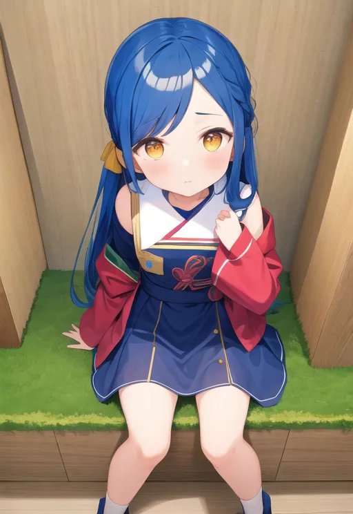 The image shows an anime-style girl with long blue hair and yellow eyes. She is wearing a blue and red kimono-style dress with a white obi and a yellow ribbon in her hair. She is sitting on a green cushion on a wooden floor and looking at the viewer with a shy expression.