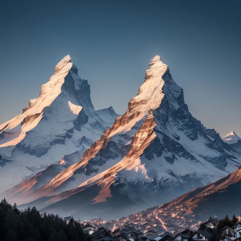 The image is of two snow-capped mountains in the distance with a valley and a town in the foreground. The mountains are Matterhorn and Weisshorn. The sky is clear and blue with a hint of sunrise. The mountains are covered in snow and ice. The town is full of houses and buildings. The image is very peaceful and serene.