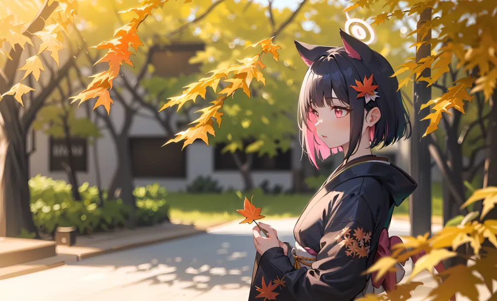 L'image représente une jeune fille de style anime aux cheveux noirs avec des mèches roses. Elle porte un kimono noir avec des feuilles d'érable rouges et jaunes. La fille se tient dans une forêt d'érables et tient une feuille d'érable dans sa main. L'arrière-plan est flou, mais on dirait qu'il y a un bâtiment au loin. L'image a une atmosphère chaleureuse et accueillante, et capture la beauté de la saison automnale.