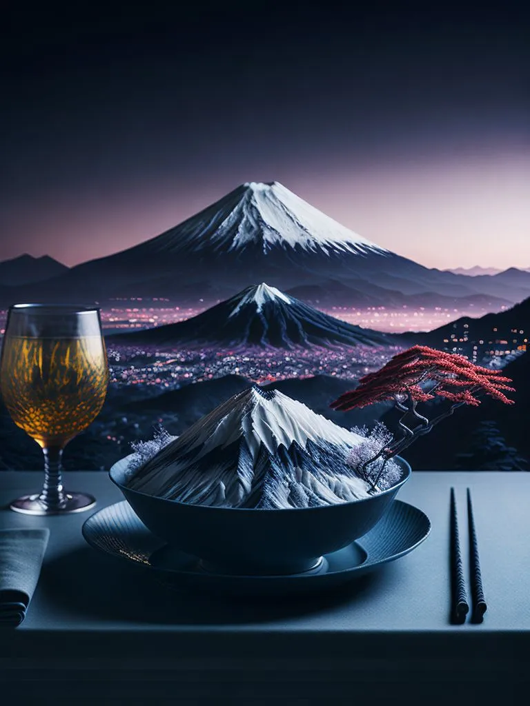 L'image est un magnifique paysage du mont Fuji au Japon. La montagne est recouverte de neige et il y a un arbre rouge au premier plan. Il y a un verre de vin et une paire de baguettes sur la table. L'arrière-plan est un ciel bleu foncé avec des étoiles. L'image est très paisible et sereine.