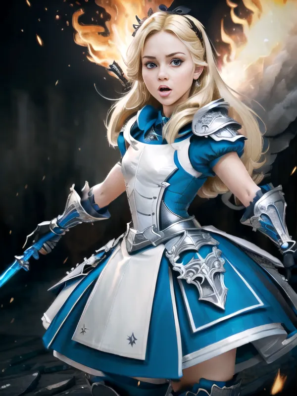 L'image montre une jeune femme vêtue d'une robe bleue et blanche avec un tablier blanc. Elle a de longs cheveux blonds et des yeux bleus. Elle porte également une cuirasse et semble surprise. Il y a un feu à l'arrière-plan.