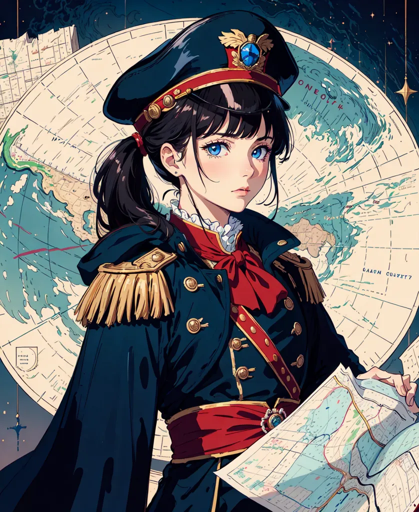 This is an image of a young woman standing in front of a world map. She is wearing a blue military uniform with a red sash and a hat with a blue brim and a red band. She has brown hair and blue eyes and is looking at the viewer with a serious expression. She is holding a map in her hands.